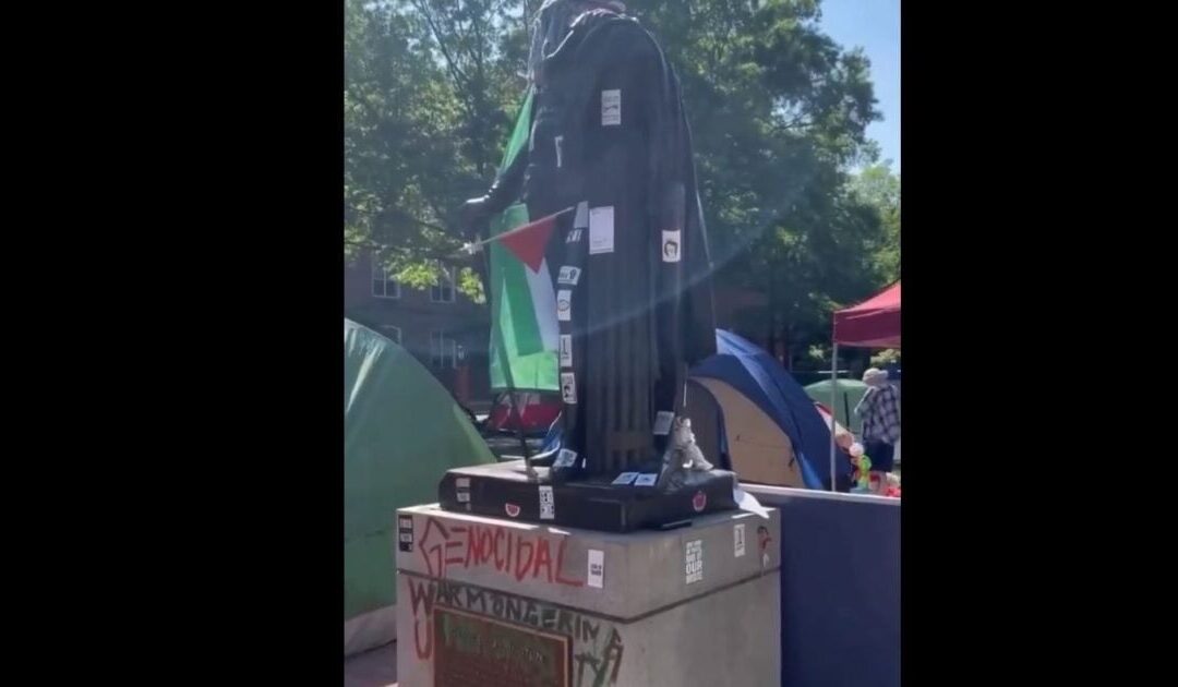 Pro-Gaza Protesters Vandalize GW University Campus, Desecrate George Washington Statue with Anti-American Graffiti – VIDEO