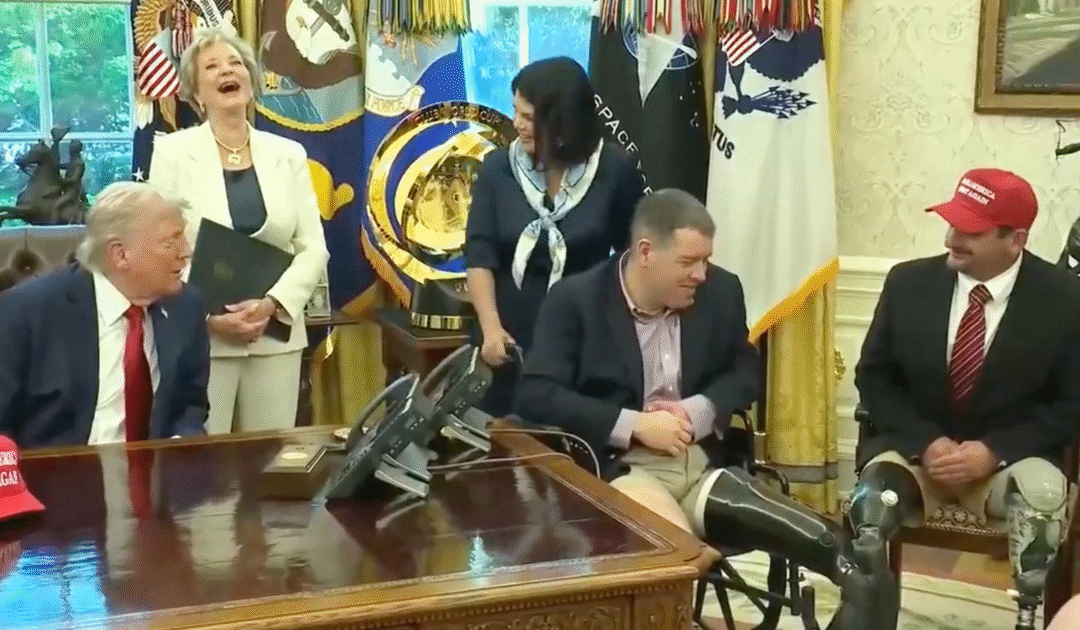 Wounded Veteran Asks President to Sign his Prosthetic Leg, When Trump Asks Him What One of His Stickers Says, the Oval Office Fills with Laughter (Video)