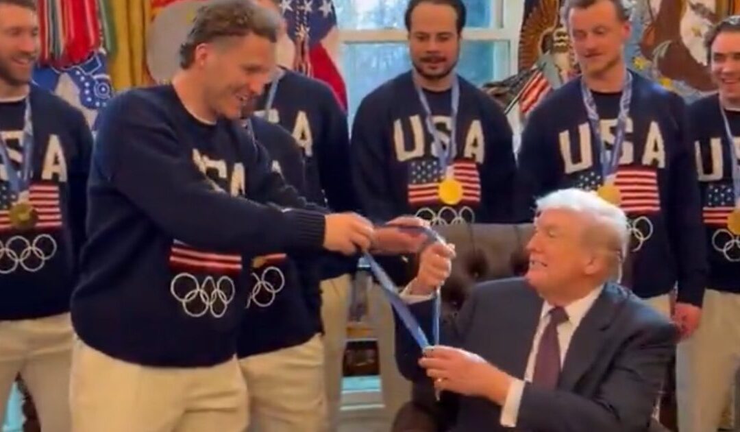 GOING VIRAL: Trump Welcomes Team USA Men’s Hockey Players to Oval Office, Wears Hockey Champ Matthew Tkachuk’s Gold Medal (VIDEO)