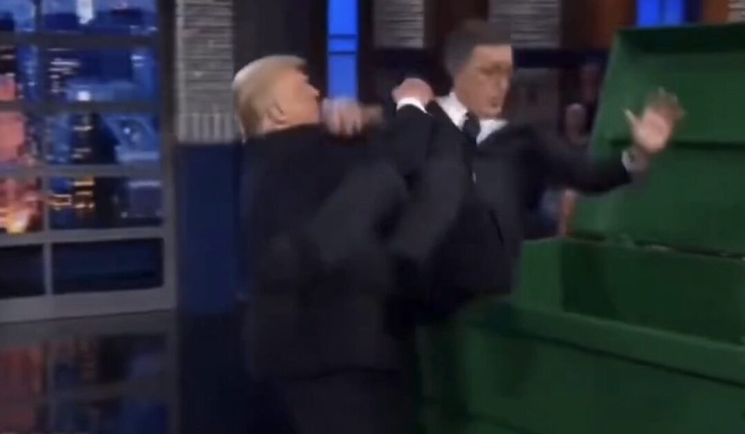 INSTANT CLASSIC! Trump Posts EPIC AI Video of Him Throwing Stephen Colbert in Dumpster, Then Doing Trump Dance After Colbert Fired by CBS (VIDEO)