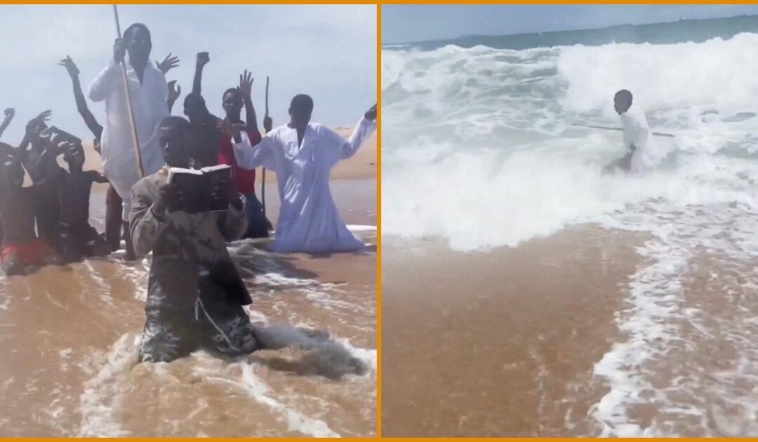 VIRAL VIDEO: Nigerian Pastor Attempts to Part the Sea Like Moses — Ocean Has Other Plans as Massive Wave Sends Him Running