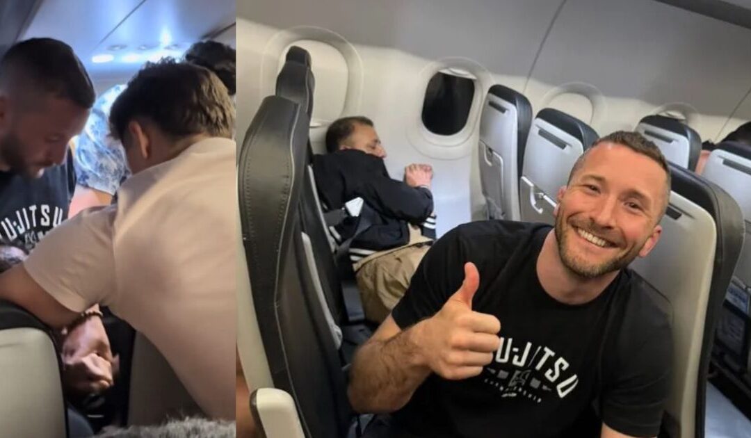 WILD VIDEO: Deranged Passenger Tries to Jump Out of Frontier Plane Mid-Flight, Hero Former Pro MMA Fighter Wearing Jiu-Jitsu Shirt Ties Him Up with Seatbelts and Saves Everyone