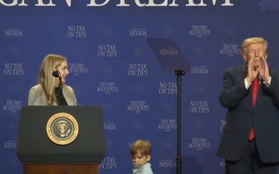“I Didn’t Want Him to Be Like Biden and Fall Off the Stage!” – Trump Stops Toddler from Running Off Stage in Las Vegas (VIDEO)